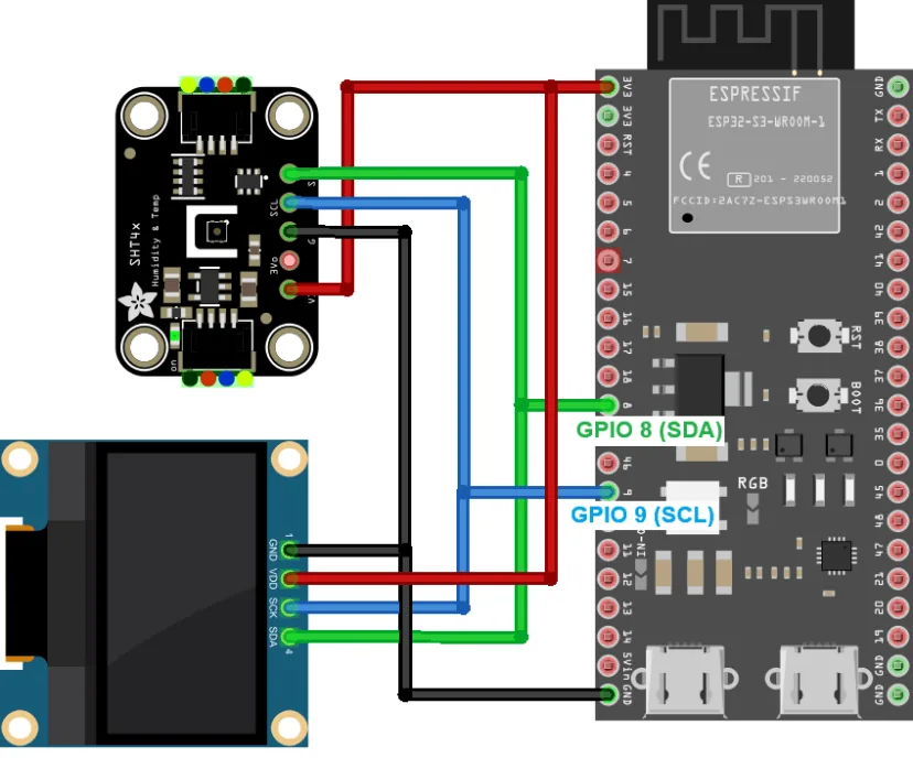 Diagrama de conexión del ESP32-S3 con el SHT41 y la pantalla OLED