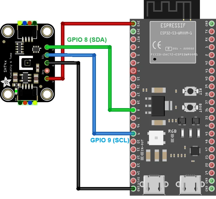 Diagrama de conexión del SHT41 a un ESP32-S3 DevKit