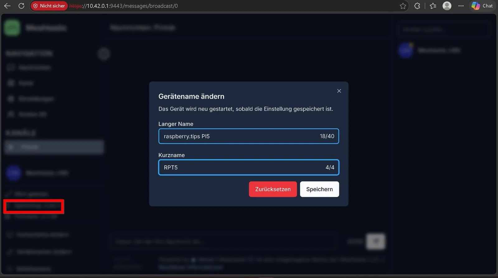 Interfaz web de Meshtastic con el diálogo para cambiar el nombre largo y el nombre corto del nodo