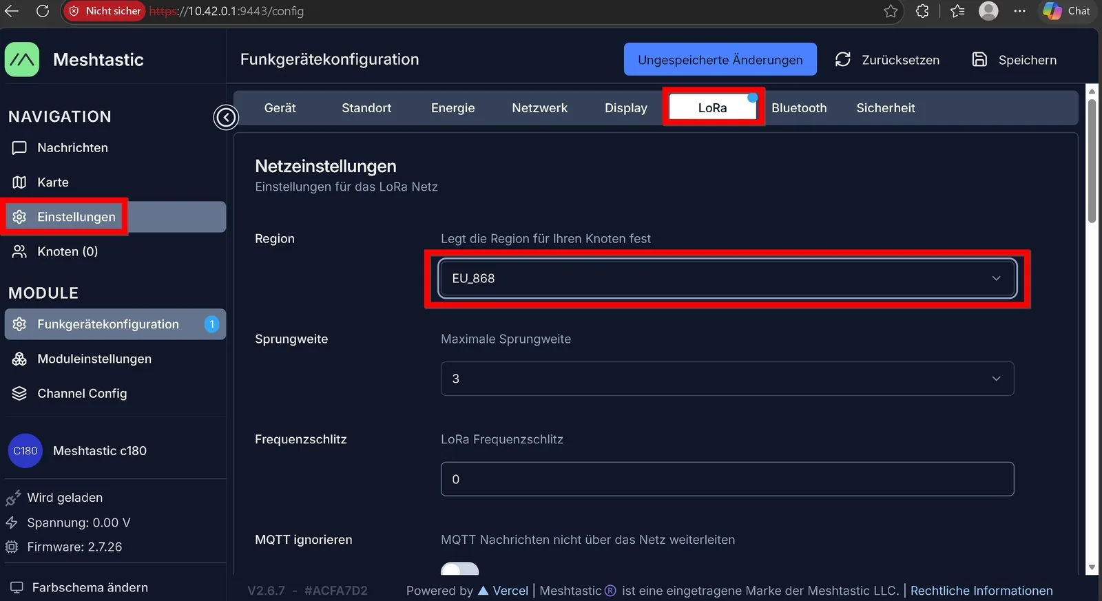 Interfaz web de Meshtastic, configuración de radio, pestaña LoRa con la región seleccionada