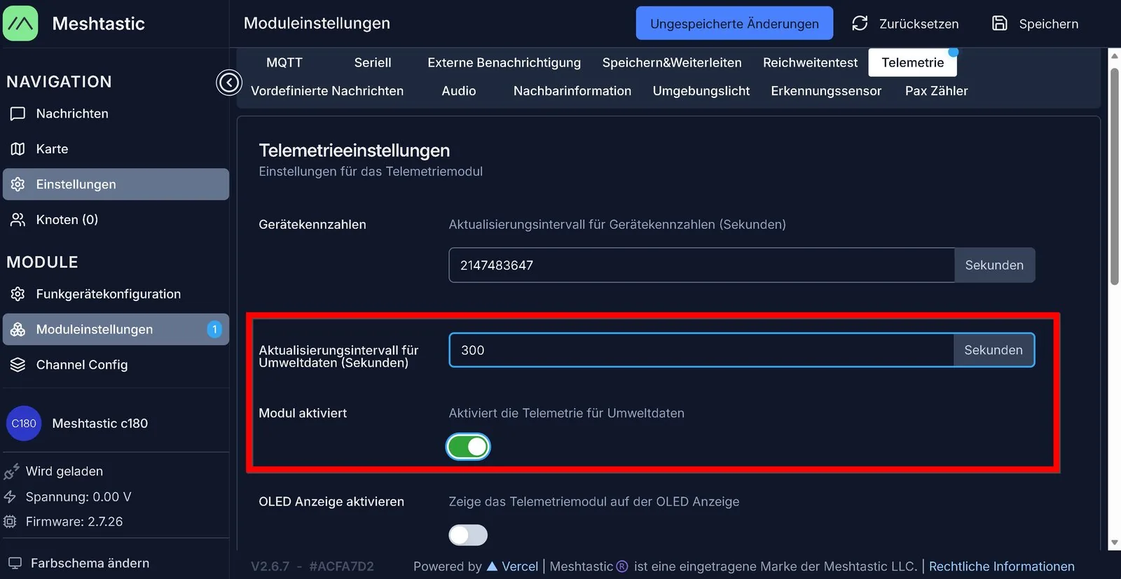 Interfaz web de Meshtastic, configuración de módulos, pestaña Telemetría con la telemetría ambiental activada