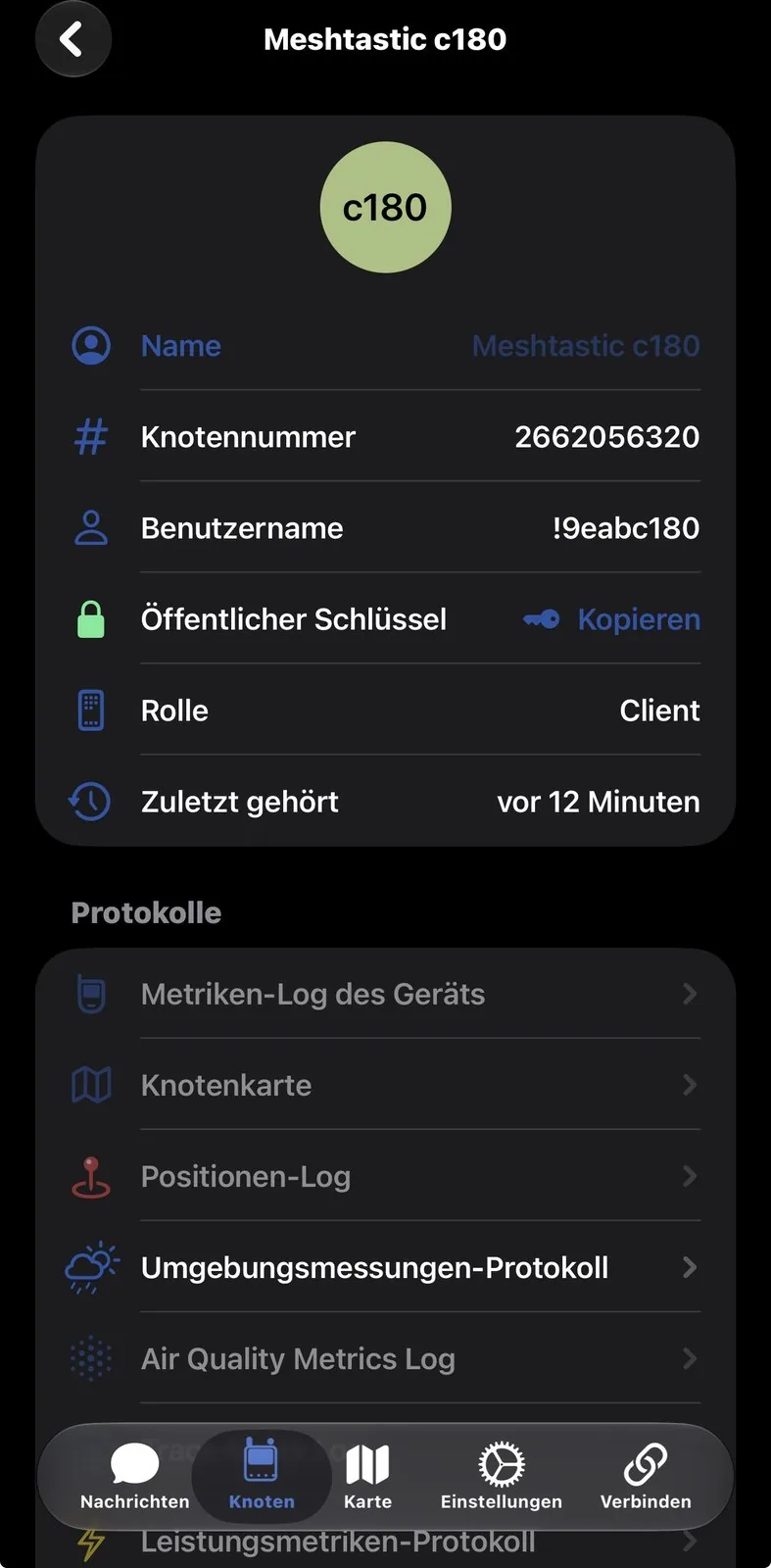 App Meshtastic con los detalles del nodo Raspberry Pi: número de nodo, nombre de usuario, clave pública y registros
