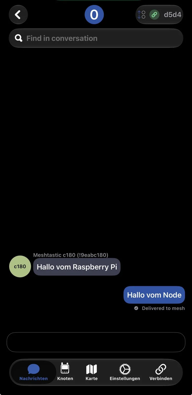App Meshtastic con el mensaje enviado desde la Pi y la respuesta desde el celular, marcada como entregada a la malla
