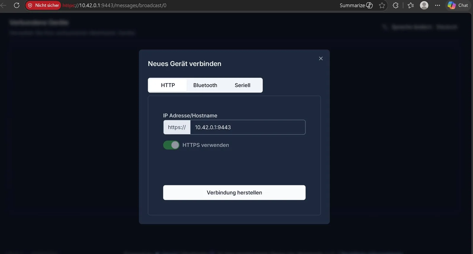 Interfaz web de Meshtastic con el diálogo para conectar un dispositivo nuevo, pestaña HTTP, dirección IP y puerto 9443