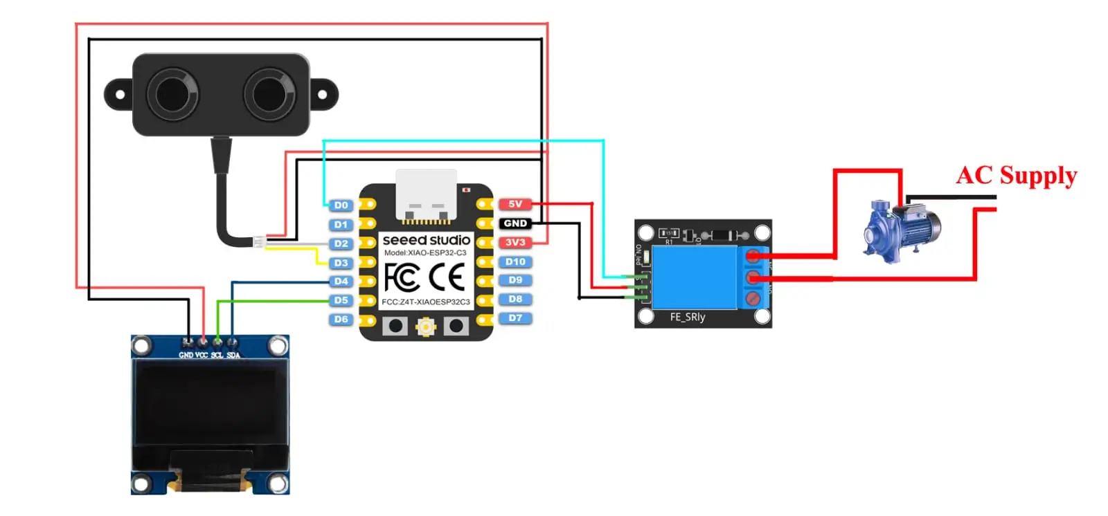Diagrama del circuito del medidor de nivel de estanque con ESP32, sensor ultrasónico, OLED y relé