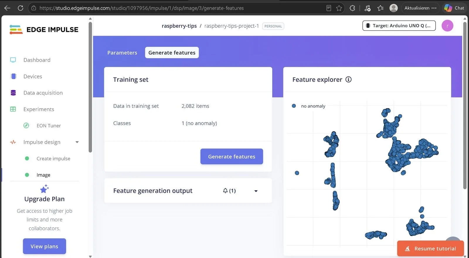 Feature Explorer del Studio de Edge Impulse con las nubes de puntos de las imágenes de entrenamiento