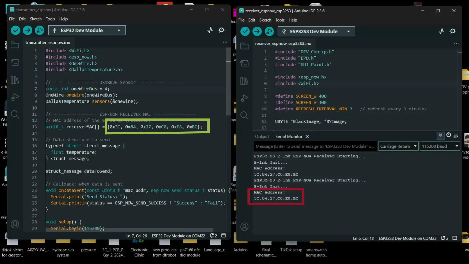 Arduino IDE con el código del transmisor a la izquierda y el monitor serial del receptor mostrando la MAC Address 3C:84:27:C0:E8:BC