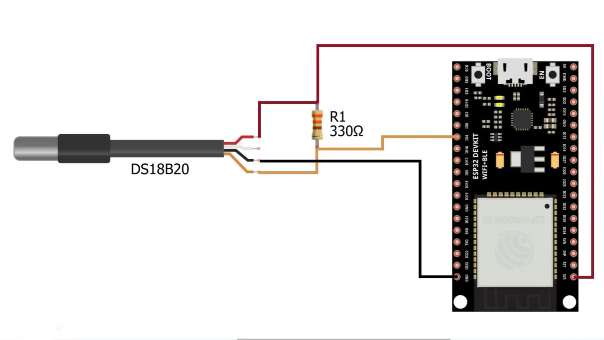 Diagrama de conexión del DS18B20 al ESP32 DevKit con resistencia pull-up en la línea de datos GPIO 4