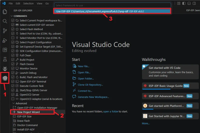 Asistente de nuevo proyecto de la extensión ESP IDF en VS Code