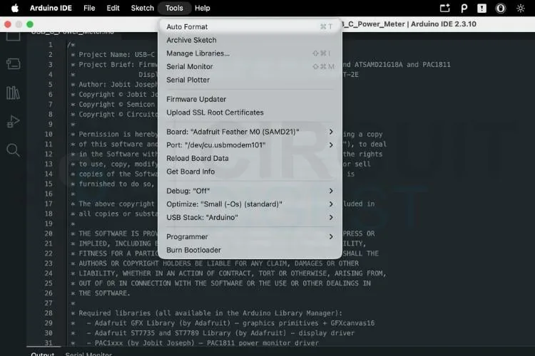Captura del sketch del medidor en el Arduino IDE