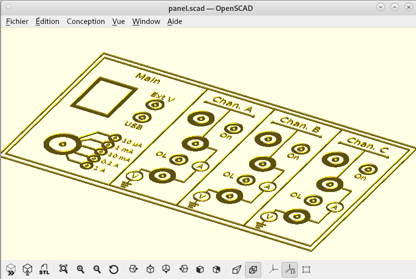 Vista del panel ya extruido en 3D dentro de OpenSCAD