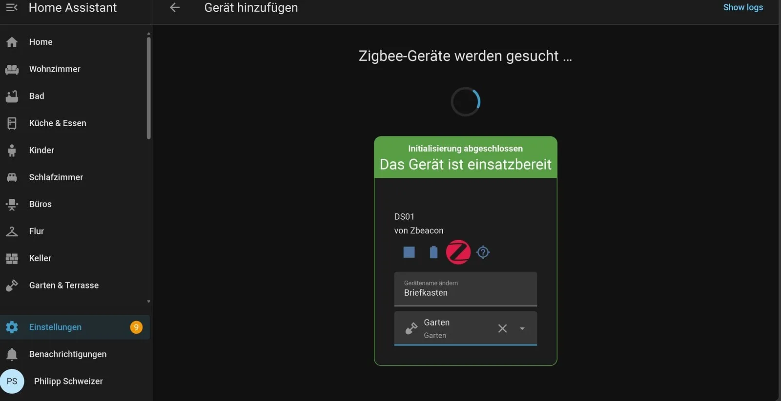 Home Assistant reporta el dispositivo Zigbee recién emparejado como listo para usar
