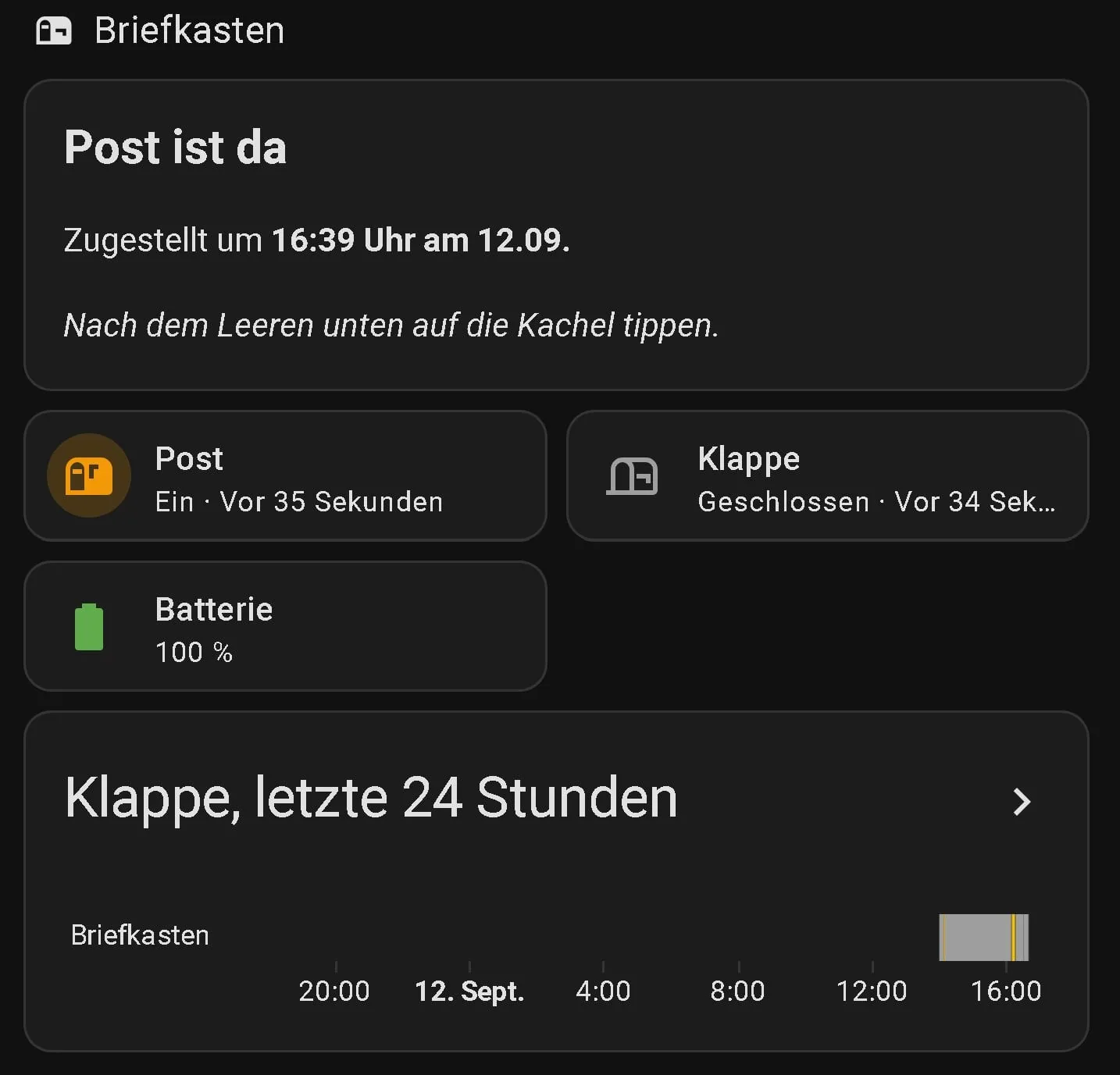 Tarjeta Buzón en el dashboard de Home Assistant con estado, batería y el historial de 24 horas