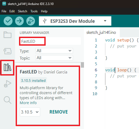 Instalación de la librería FastLED en el Administrador de Librerías de Arduino IDE