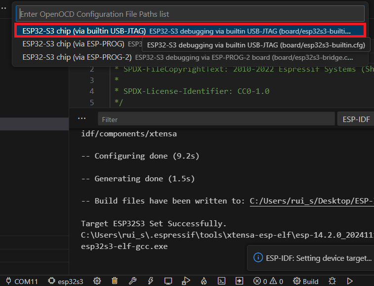 Configuración del ESP32-S3 con USB JTAG integrado como destino en VS Code