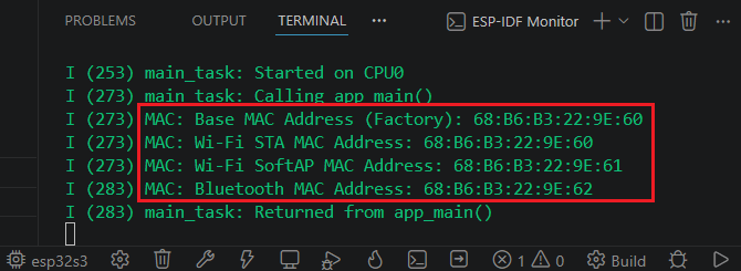 Monitor serie con las MAC base, WiFi estación, SoftAP y Bluetooth del ESP32