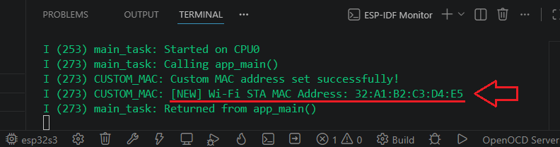 Monitor serie confirmando la MAC personalizada fijada en el ESP32