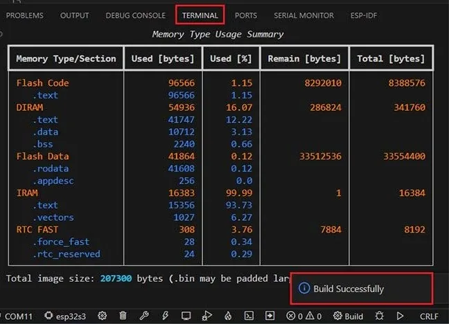 Terminal de VS Code con el mensaje de compilación exitosa del proyecto ESP IDF