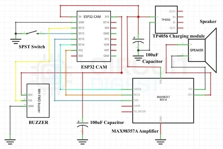 Diagrama de conexión del timbre con ESP32-CAM, MAX98357A, buzzer y pulsador