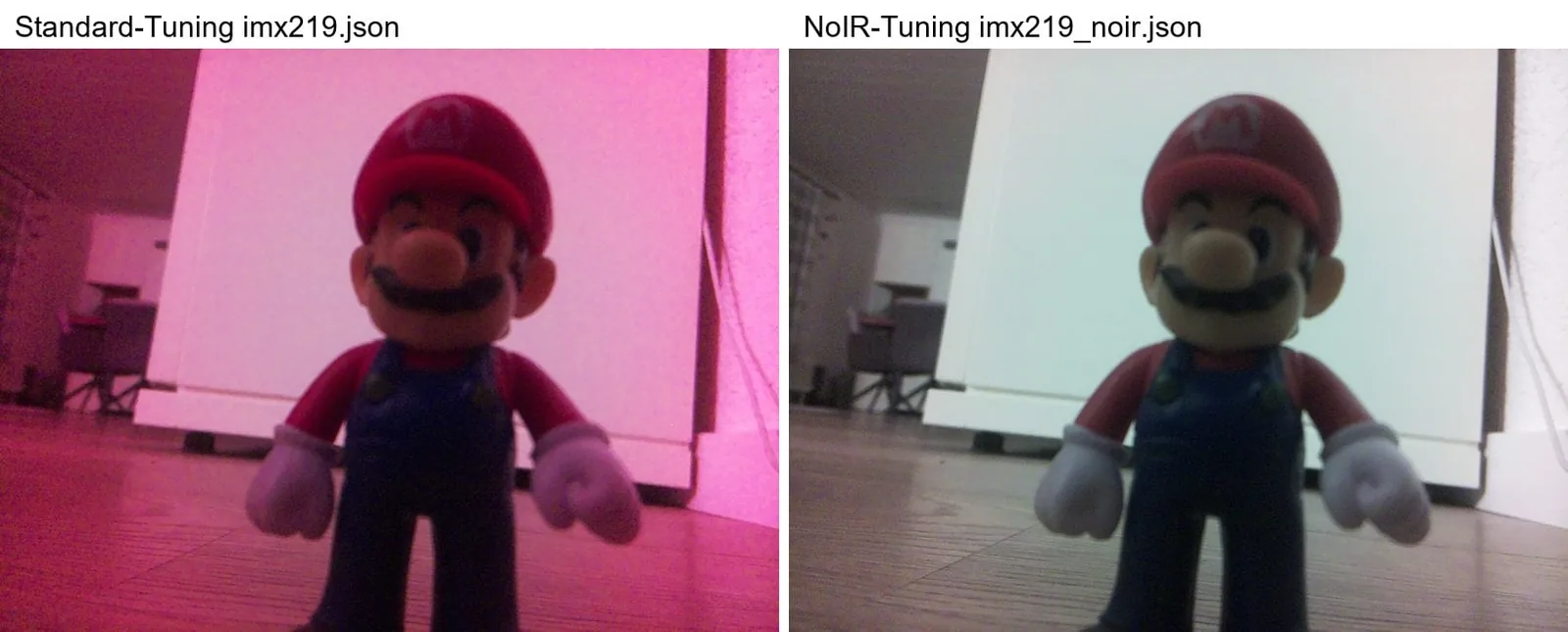 Módulo NoIR bajo luz artificial: a la izquierda con el archivo de tuning estándar un fuerte tono rosado, a la derecha con imx219_noir.json colores neutros