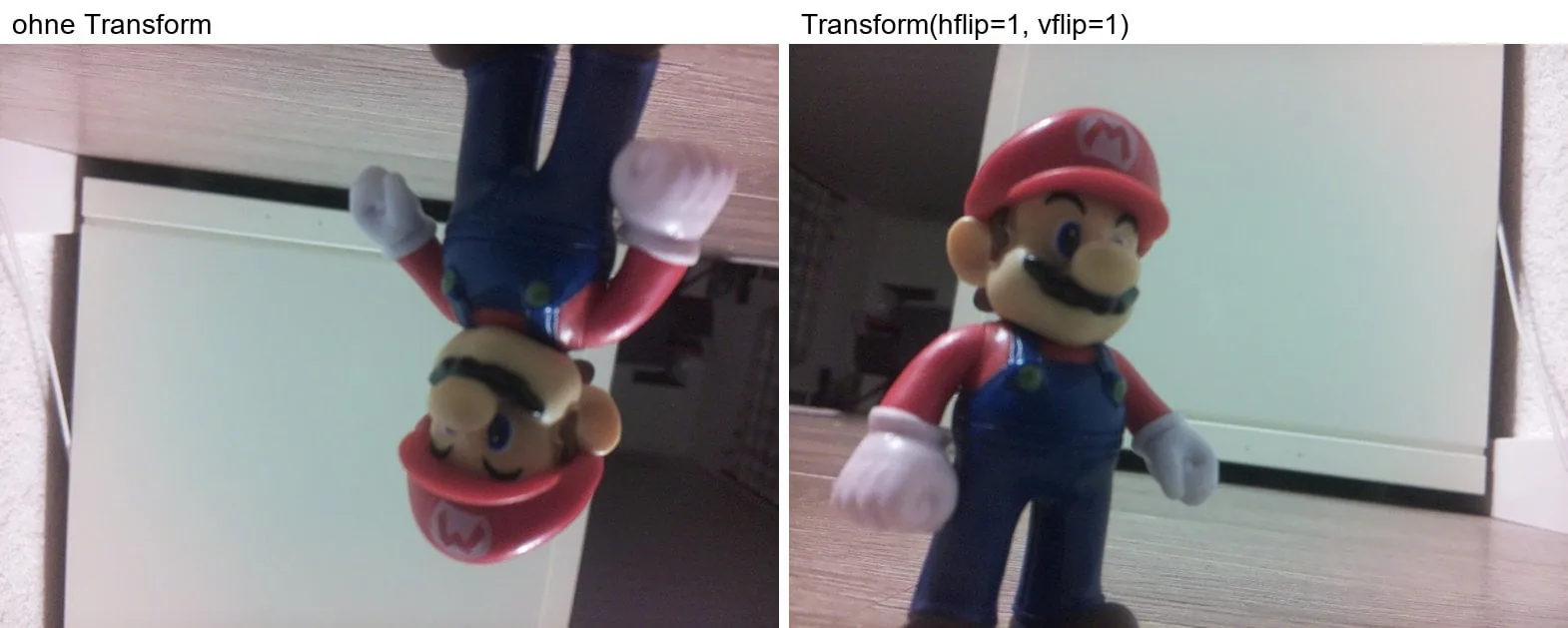 La misma escena dos veces: a la izquierda sin Transform la imagen está de cabeza, a la derecha con hflip y vflip queda derecha