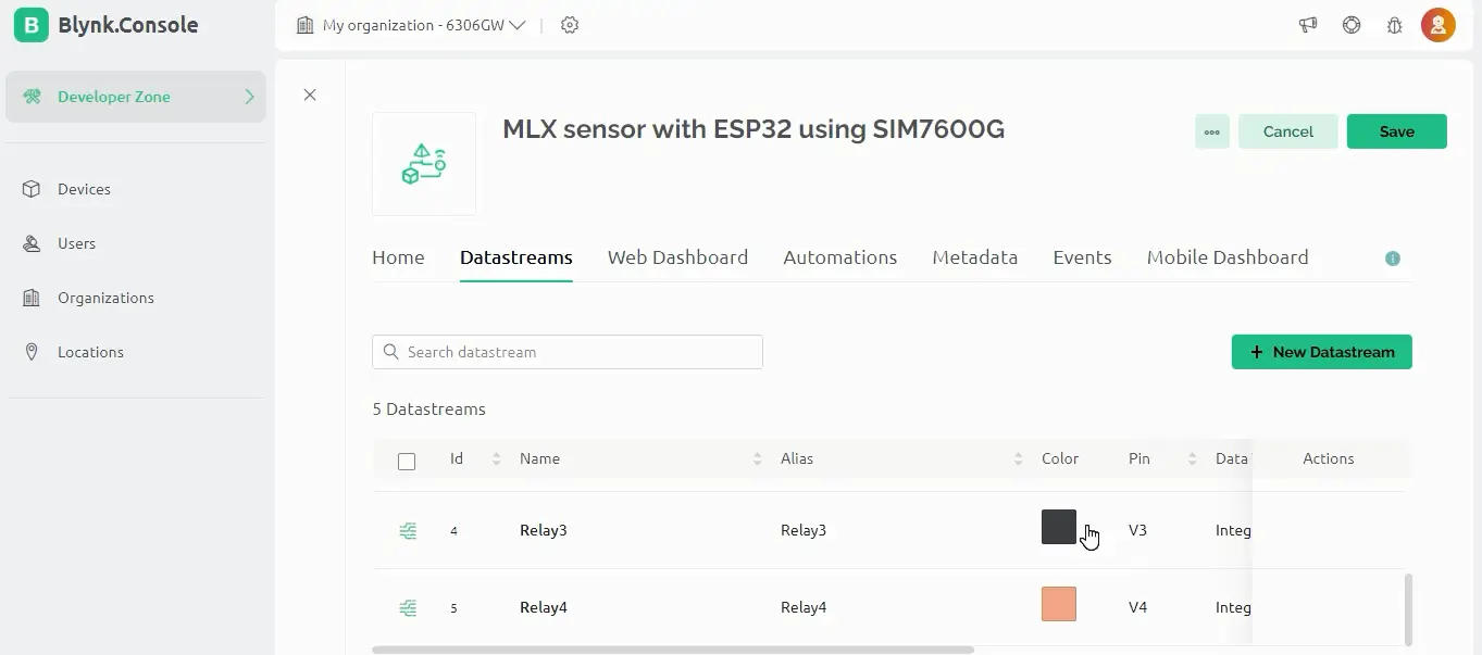 Lista con los cinco datastreams configurados en Blynk para el proyecto