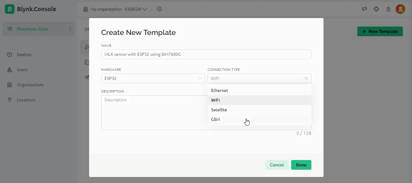 Creación de una plantilla nueva en la consola web de Blynk seleccionando ESP32 como hardware