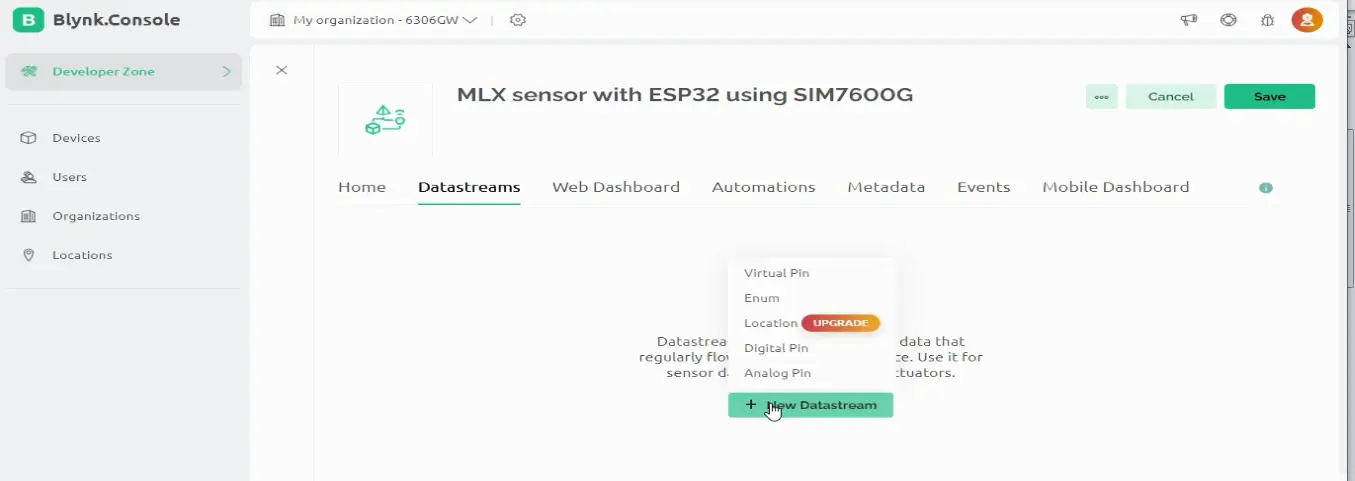Pantalla de creación de un datastream nuevo en Blynk con la opción de pin virtual
