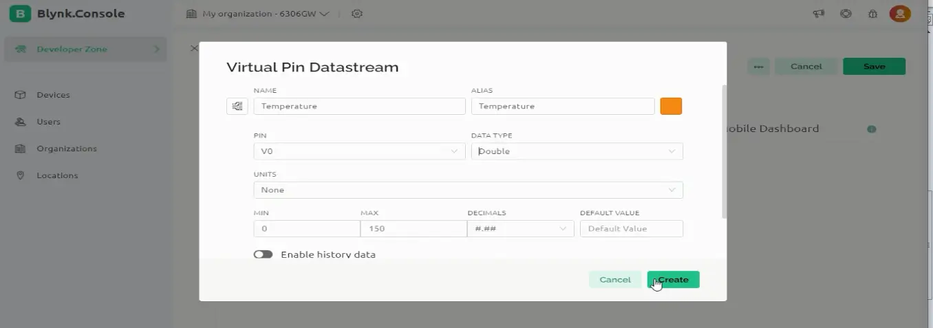 Paso 3: Crear la plantilla Blynk en modo GSM y sus datastreams