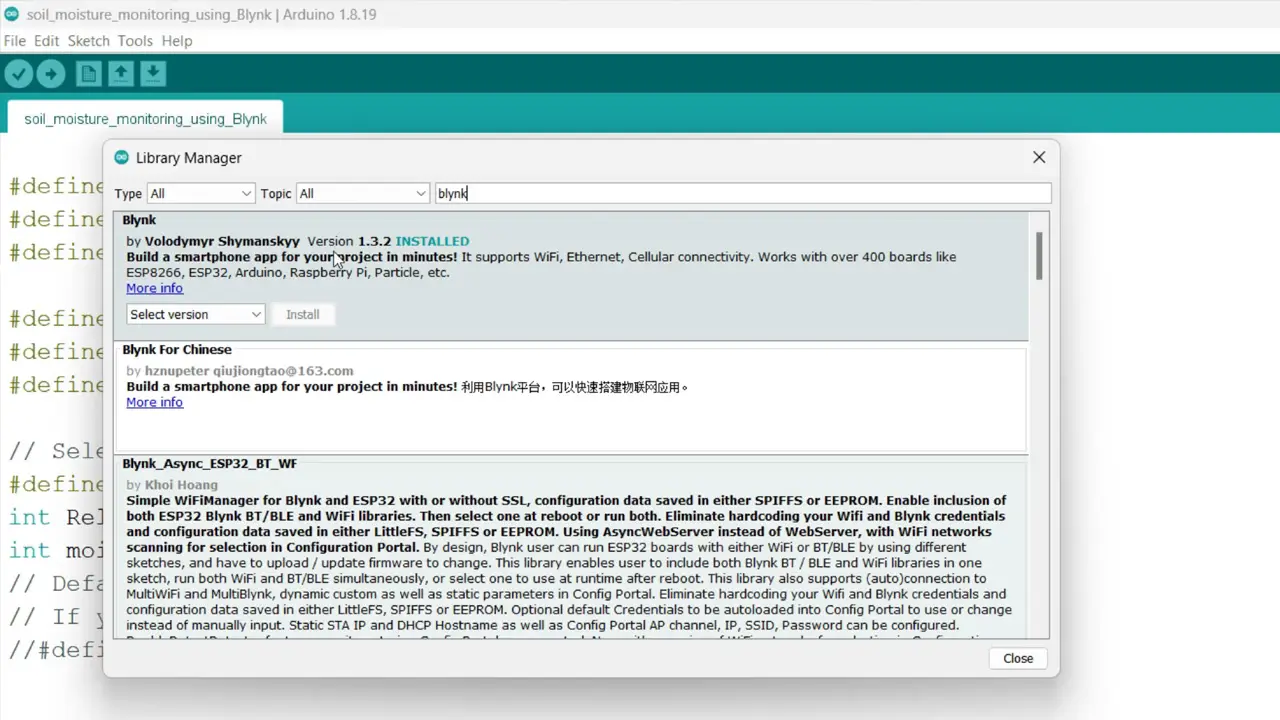 Instalación del paquete de librerías de Blynk desde el gestor de librerías del IDE de Arduino
