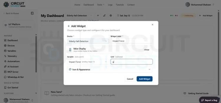 Agregando widgets de visualización de valores al panel del detector de caídas