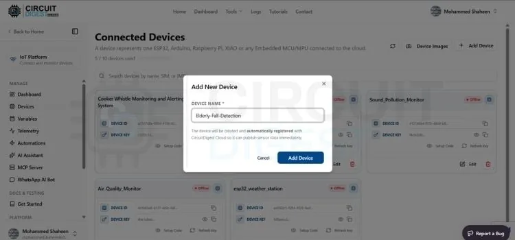 Pantalla para agregar un dispositivo nuevo en el panel de CircuitDigest Cloud