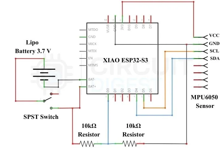 Diagrama de conexión del detector de caídas con XIAO ESP32-S3 y MPU-6050