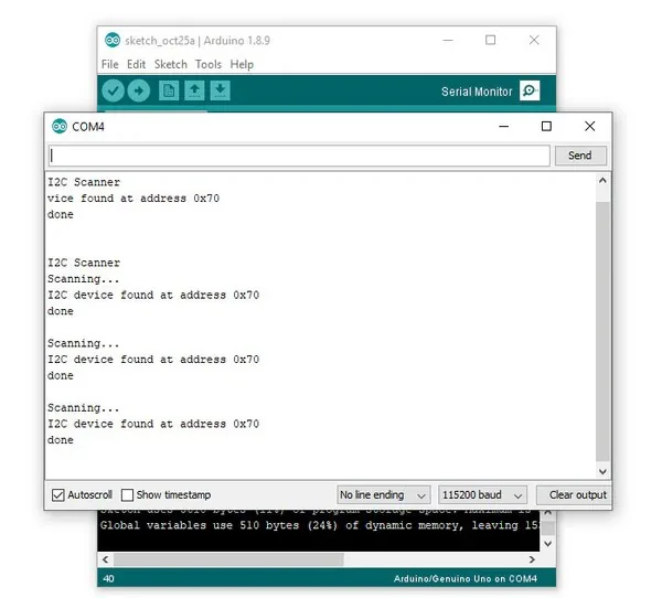 Monitor serial del IDE de Arduino mostrando el dispositivo I2C encontrado en la dirección 0x70