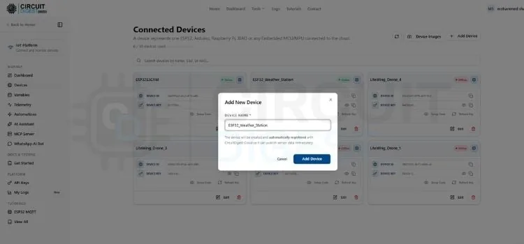 Pantalla para agregar un nuevo dispositivo en CircuitDigest Cloud