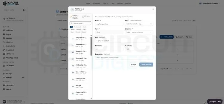 Creación de una nueva variable en el dashboard de CircuitDigest Cloud