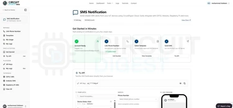Integración de la API de SMS en CircuitDigest Cloud