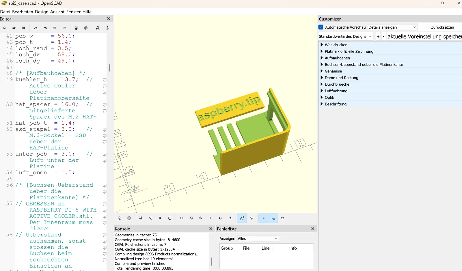 OpenSCAD con el panel Customizer abierto: a la derecha los grupos de parámetros de la carcasa, a la izquierda el código fuente y al centro la vista previa 3D