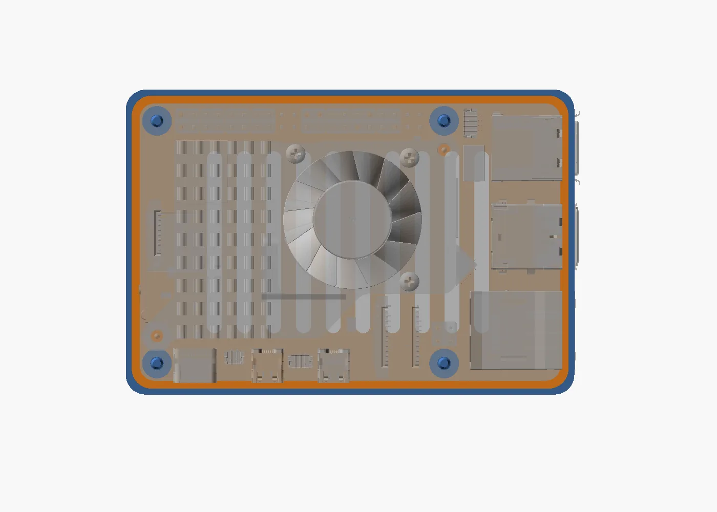 Render del error: con la medida interior calculada según la placa, el bloque USB y el conector Ethernet sobresalen de la pared