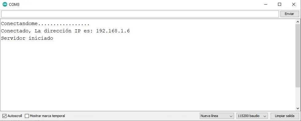 Monitor serie de Arduino mostrando la dirección IP asignada al ESP32 y el servidor iniciado
