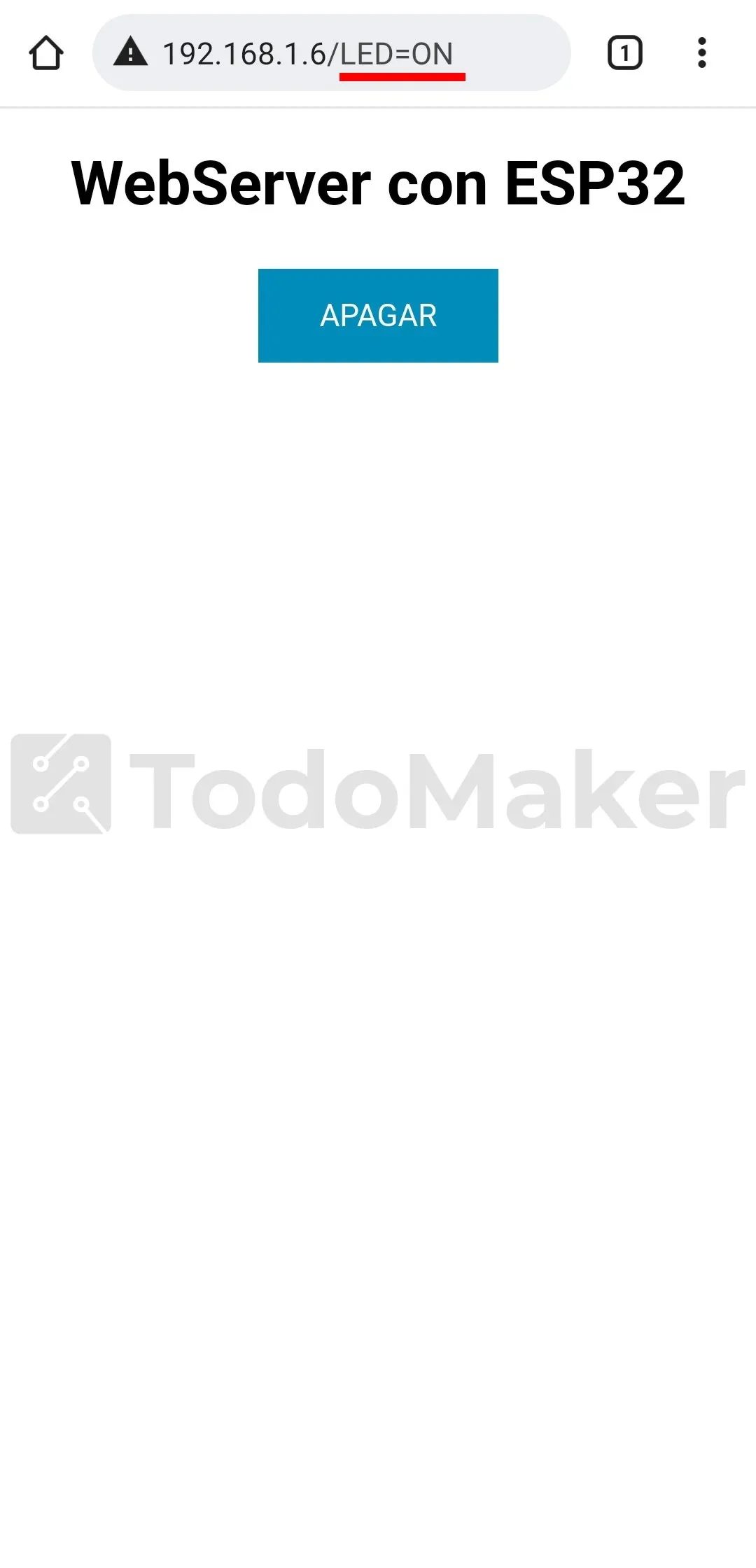 Interfaz web del servidor ESP32 con el botón para apagar el LED, vista desde el celular