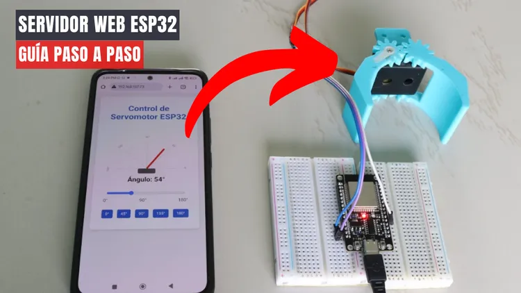 ESP32 en protoboard controlando un servomotor SG90 desde una página web con slider de ángulo en el celular