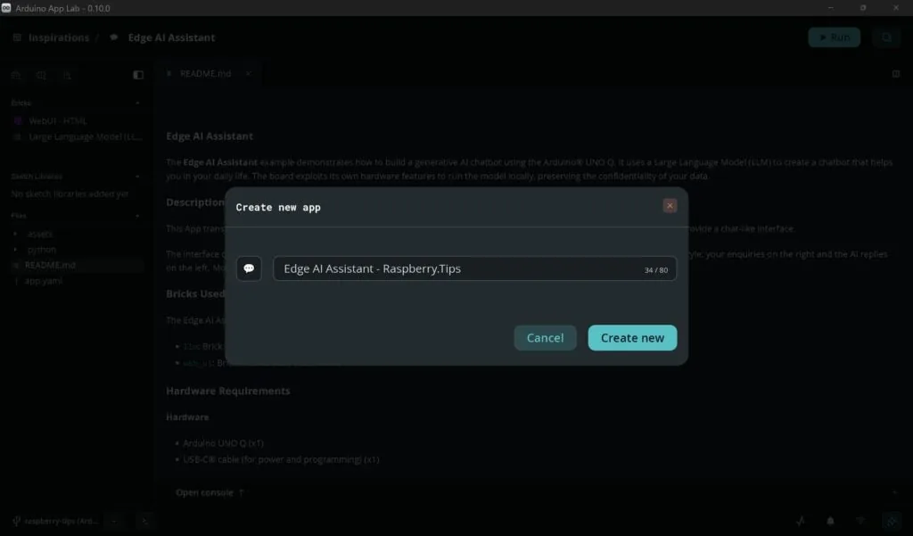 Diálogo Create new app en Arduino App Lab al duplicar el ejemplo Edge AI Assistant