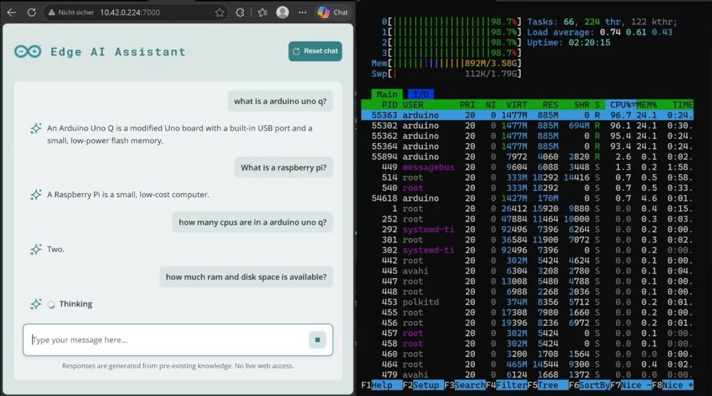 Vista dividida de chat y htop: los cuatro núcleos del Arduino UNO Q trabajando al 99% durante una respuesta