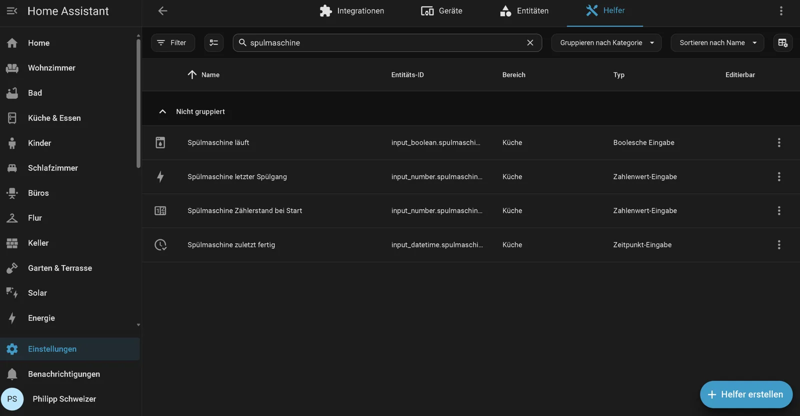 Lista de ayudantes en Home Assistant con cuatro entradas: el booleano de máquina funcionando, dos entradas numéricas para el último ciclo y el contador al inicio, y una entrada de fecha y hora del último término