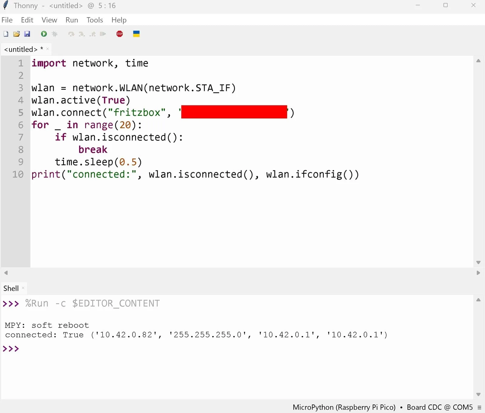 Thonny con el código WiFi del Pico 2 W, la contraseña tapada y la salida connected True con la dirección IP