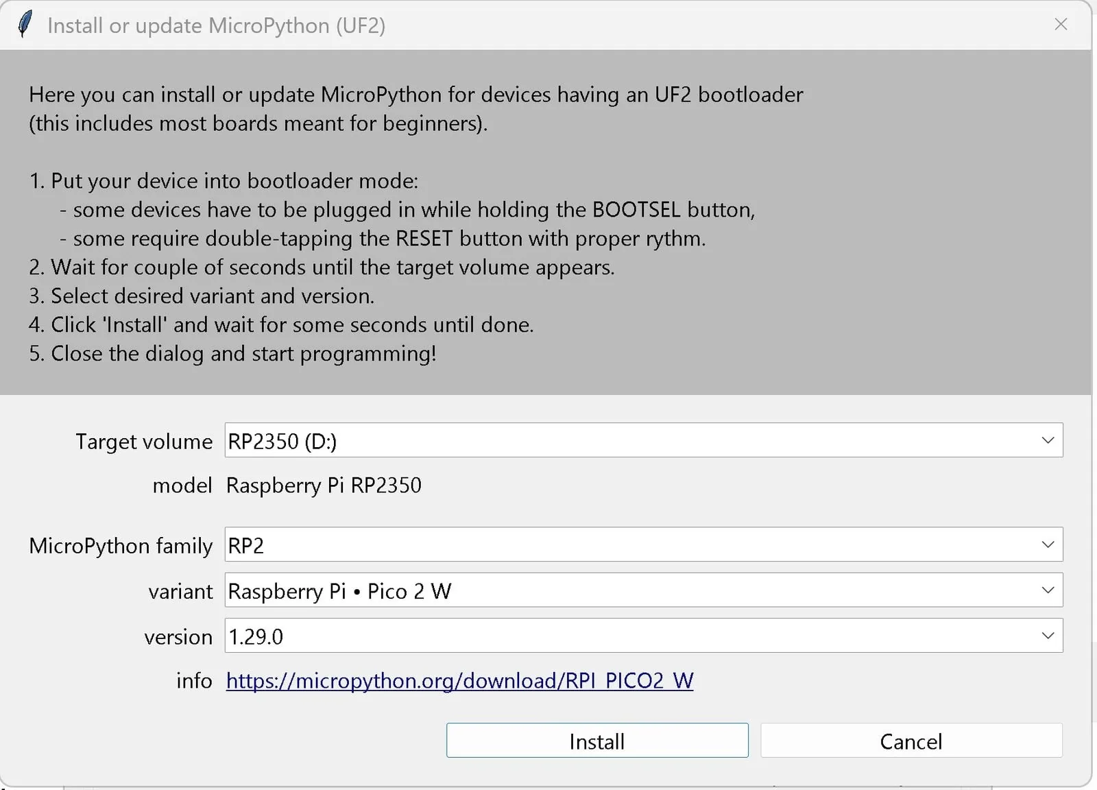 Diálogo de Thonny para instalar o actualizar MicroPython, con la unidad RP2350, familia RP2, variante Pico 2 W y versión 1.29.0