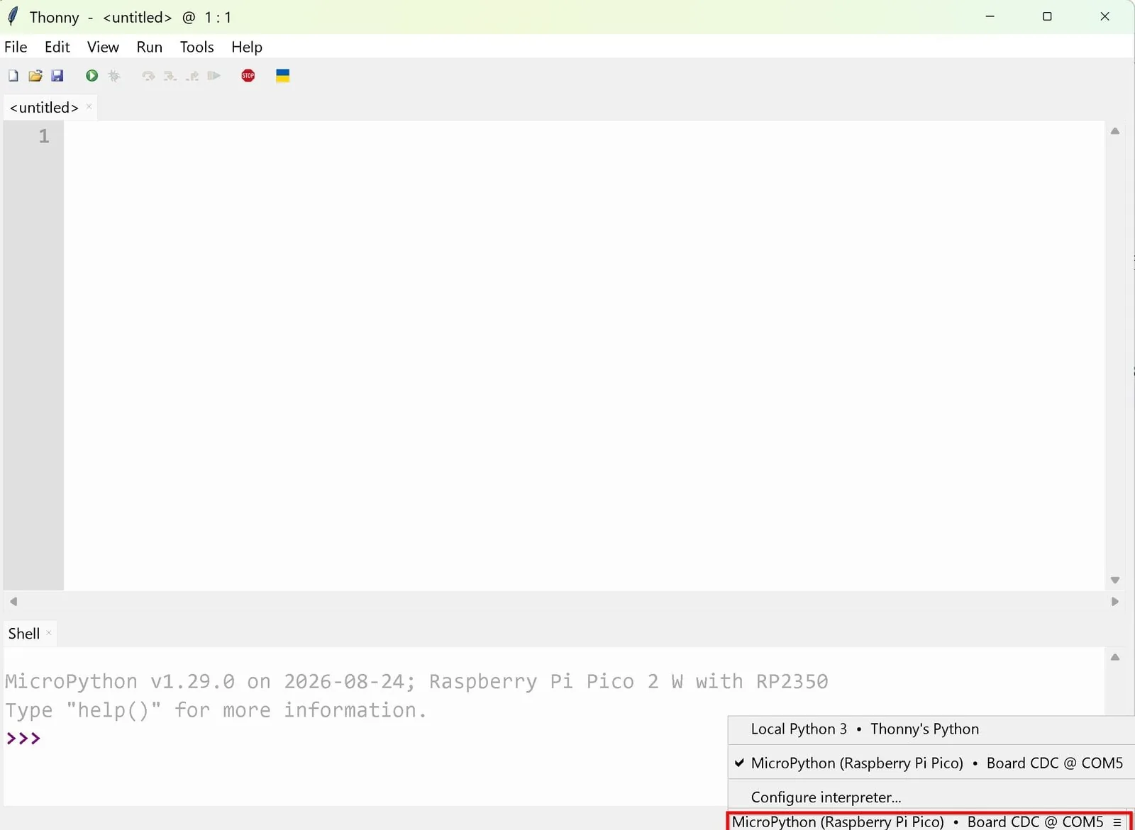 Consola de Thonny con el mensaje de inicio de MicroPython 1.29.0 en el Pico 2 W, conectado por COM5
