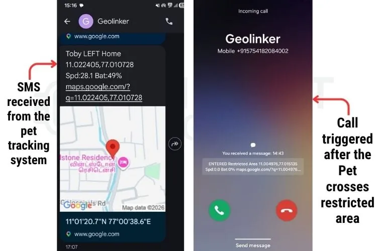 Alertas de SMS y llamada generadas por el sistema al salir la mascota de la zona segura