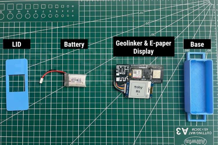 Componentes necesarios para el rastreador GPS de mascotas: placa controladora, SIM, batería y pantalla e-paper